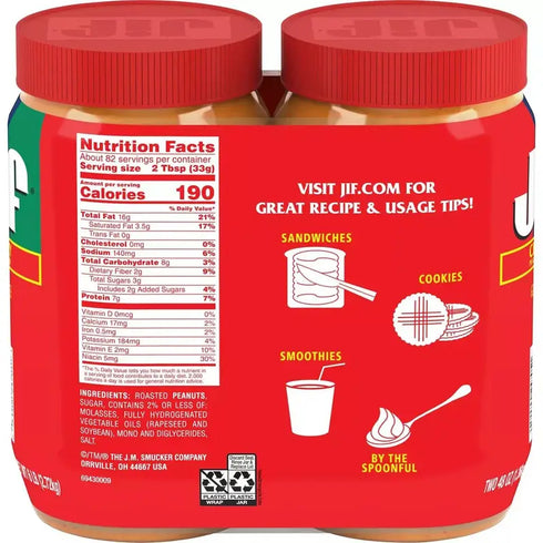 Jif Creamy Peanut Butter, 48 oz, 2 Pack – Smooth, Rich Peanut Butter Made with Fresh Roasted Peanuts – Great for Sandwiches, Baking, or Snacking Straight from the Jar